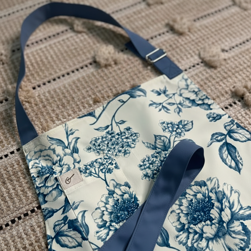 The Winter Blue Floral Apron - CLASSIC ADJUSTABLE NECK STRAP